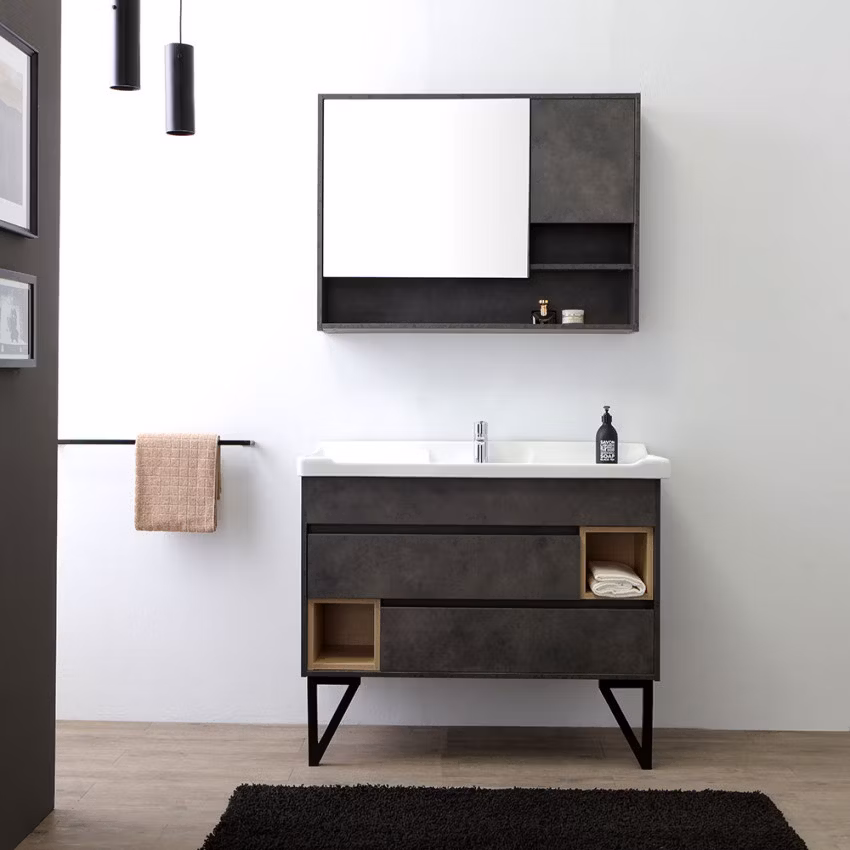 2022 New Design Black Hanging Wenge Double Sink Bathroom Vanity Set Modern Wall Mounted Cabinet Furniture Ceramic Basin LED Mirror Bathroom Vanity Cabinet