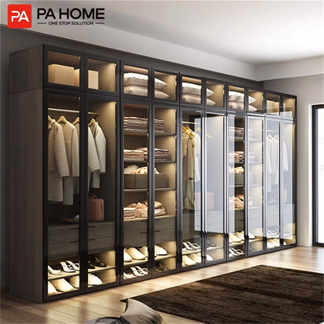PA Cheap Price Custom Simple Design Bedroom Glass LED Aluminum Profiles Frames Clothes Wardrobe Modern Wooden Closet Almirah Wardrobes