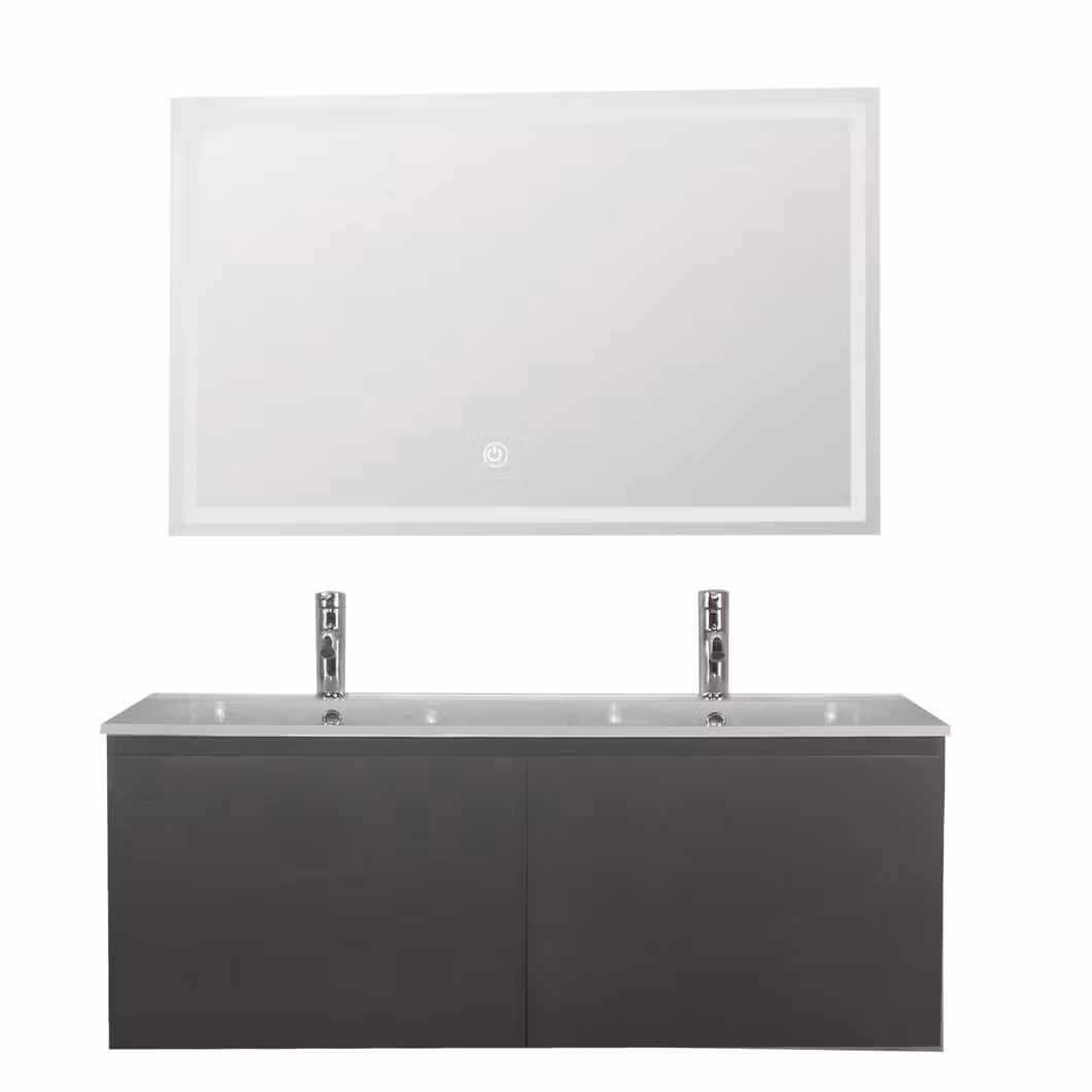 Modern Hotel Wall Mounted Black Marble Sintered Stone Bathroom Vanity Rectangular Porcelain Wash Basin Cabinet with LED Mirror