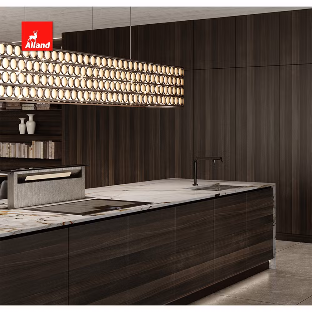 Allandcabinet Stylish Design Multi Style Wood Veneer Slab Panel Melamine Board Glass Door Custom Kitchen Cabinets with Marble