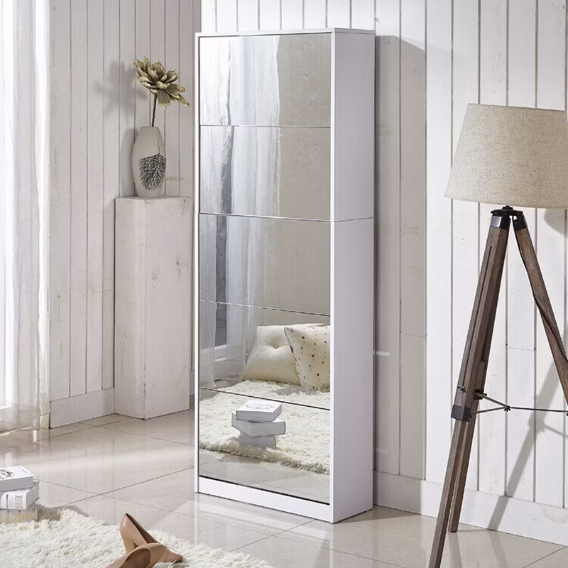 Household 5 Tier Rotating Drawers Pull-Down Drawer Design Shoe Cabinet with Full Length Mirror