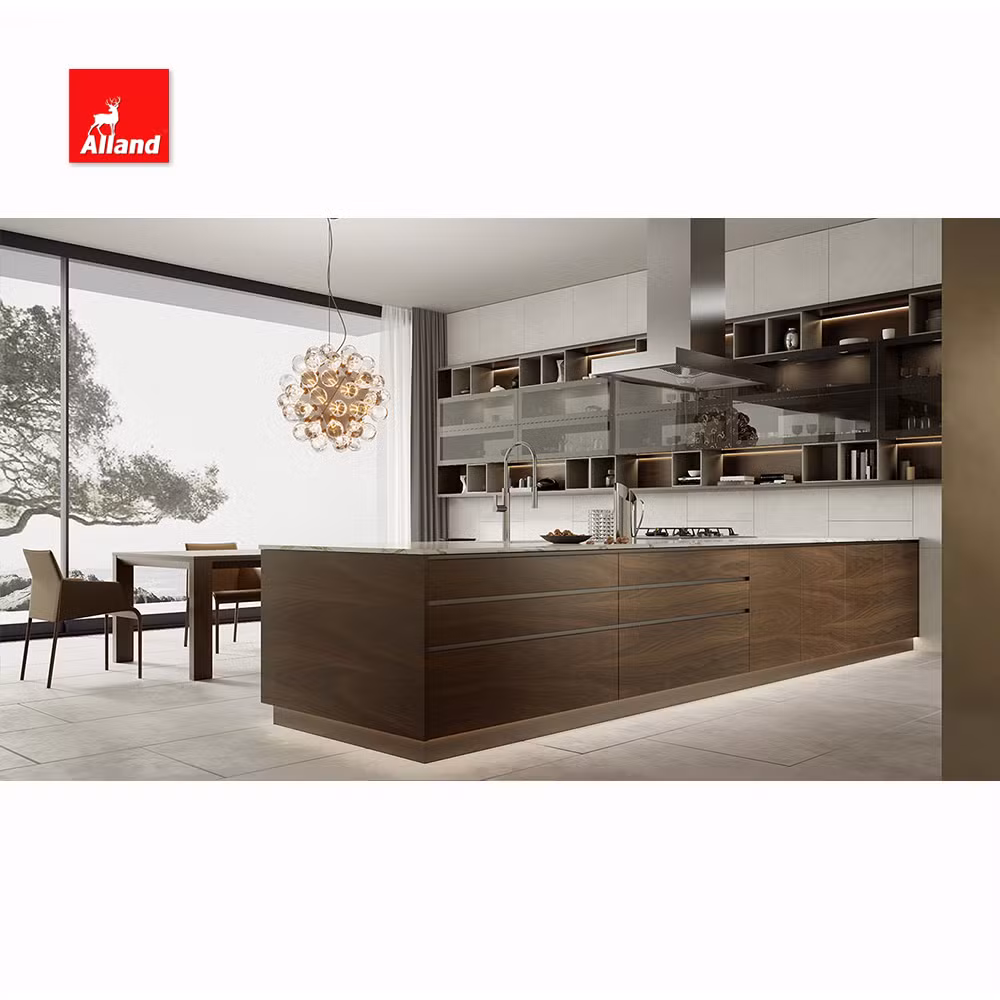 Allandcabinet Stylish Design Multi Style Wood Veneer Slab Panel Melamine Board Glass Door Custom Kitchen Cabinets with Marble