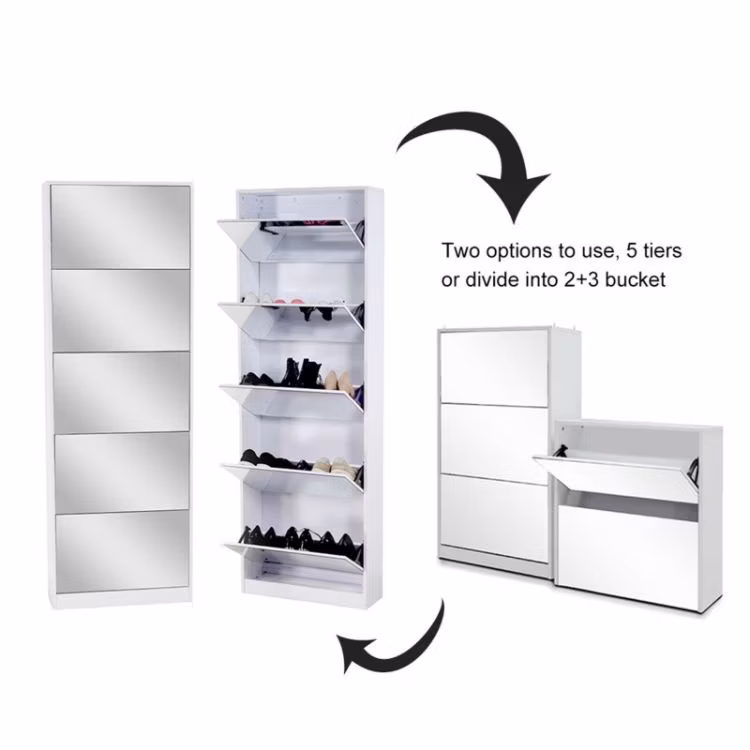 Household 5 Tier Rotating Drawers Pull-Down Drawer Design Shoe Cabinet with Full Length Mirror