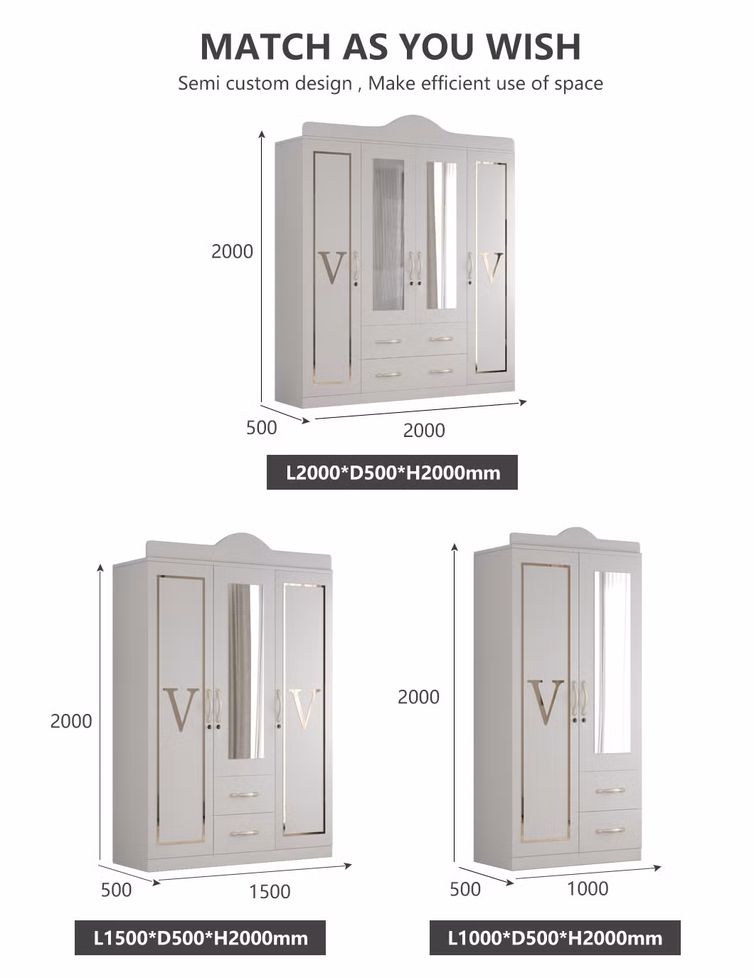 2023 New Simple Design Bedroom Wardrobe Double Wardrobe with Mirror