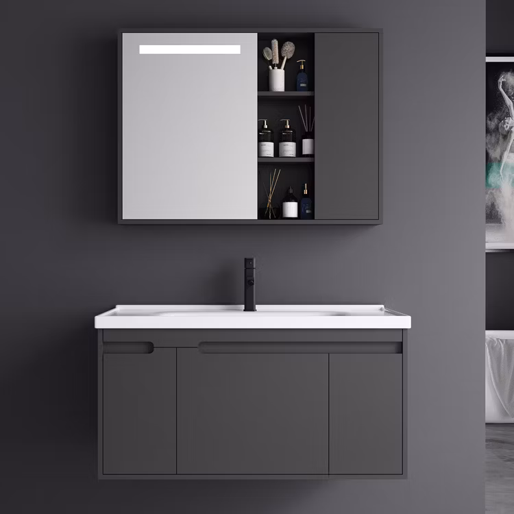 Wholesale High Quality Fancy Grey-Black PVC Bathroom Cabinet with Mirror Cabinet in Big Size From Factory Directly