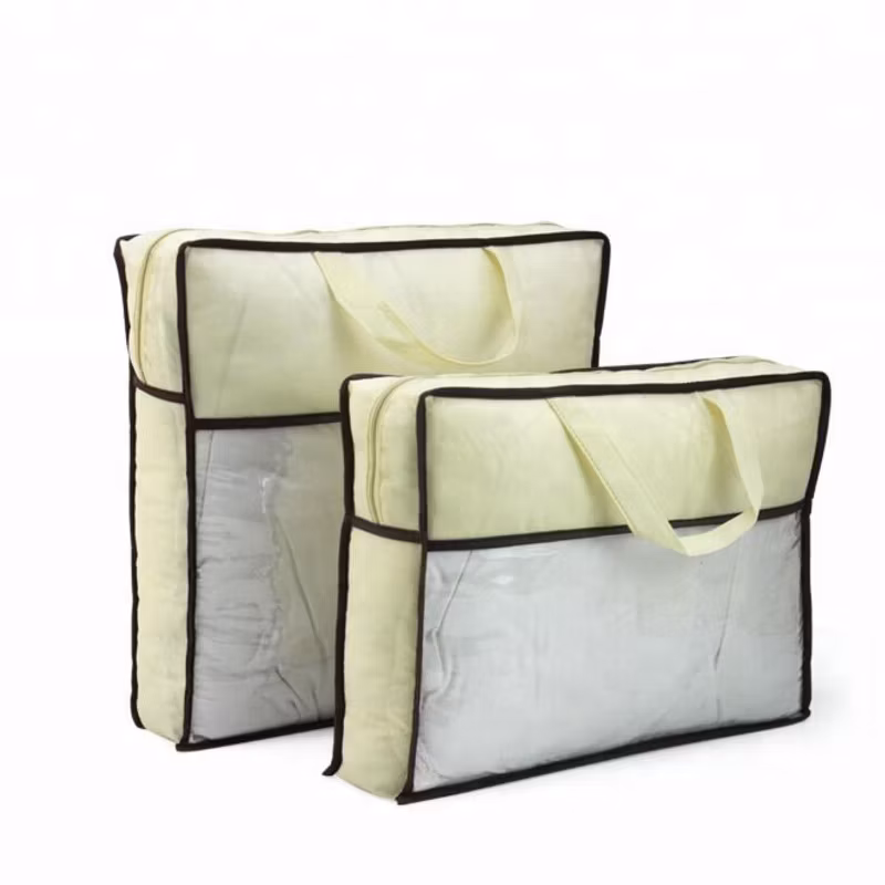 Customized Logo Printed Nonwoven Transparent PVC Pillow Duvet Down Blanket Comforter Quilt Bedding Sheets Convenient Storage Non Woven Packaging Zipper Tote Bag