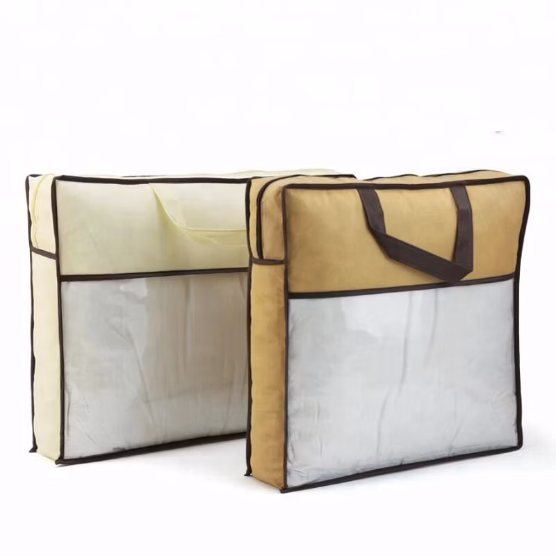 Customized Logo Printed Nonwoven Transparent PVC Pillow Duvet Down Blanket Comforter Quilt Bedding Sheets Convenient Storage Non Woven Packaging Zipper Tote Bag