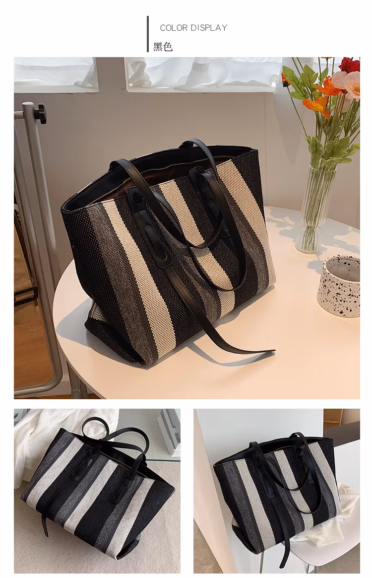 Wholesale Canvas Colorful Woman Handbag New Large Capacity Shopping Fashion Designer Brand Shoulder Bag Popular Style Vertical Stripe Ladies Tote Bag