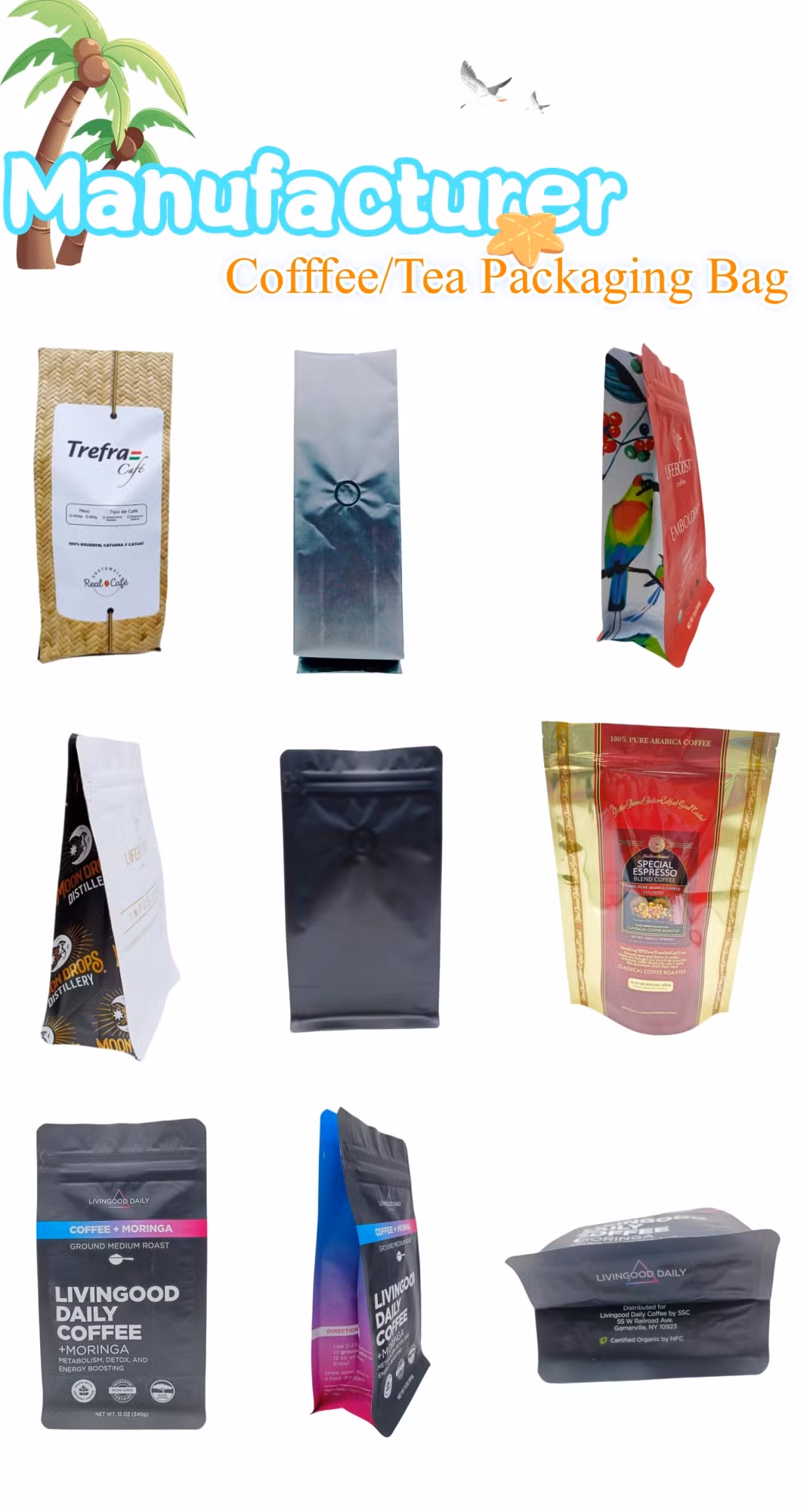 Mylar Bag Front Transparent Back Silver Aluminum Foil Stand up Zipper Food Plastic Packaging Bag