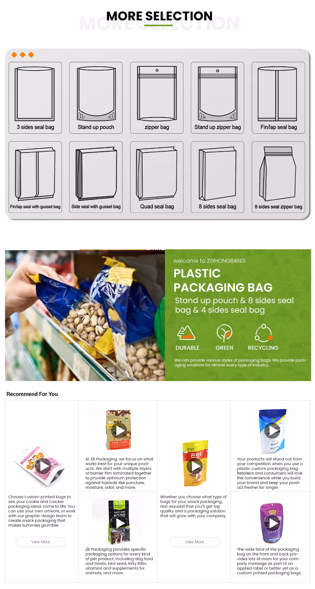 Biodegradable Zip Lock Food Packing Flat Bottom Stand up Pouch Food Bag