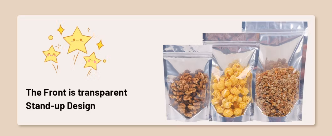 Mylar Bag Front Transparent Back Silver Aluminum Foil Stand up Zipper Food Plastic Packaging Bag