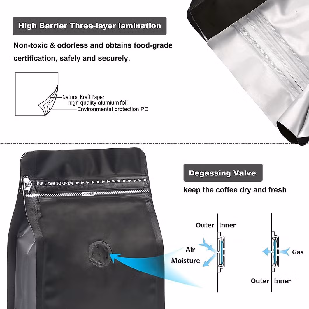 Food Grade Waterproof Sealable Resealable 100g 200g 500g 1kg Stand up Pouch Flat Bottom Oneway Valve Aluminium Coffee Bag
