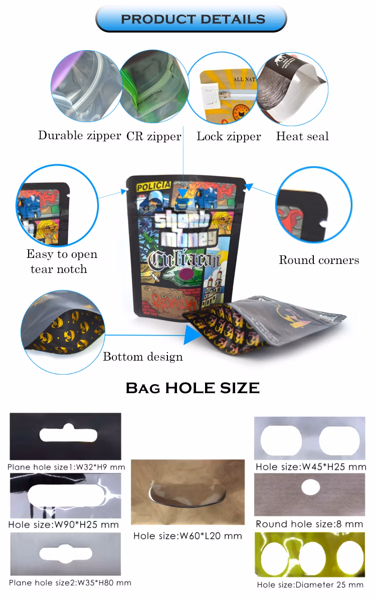 Custom Printed Mylar Smell Proof Stand up Pouch Candy Food Packaging 3.5g Mylar Ziplock Bag with Window