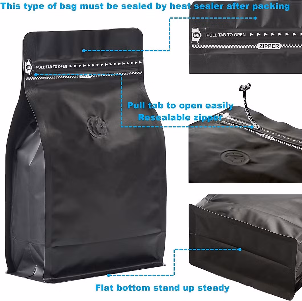 Food Grade Waterproof Sealable Resealable 100g 200g 500g 1kg Stand up Pouch Flat Bottom Oneway Valve Aluminium Coffee Bag