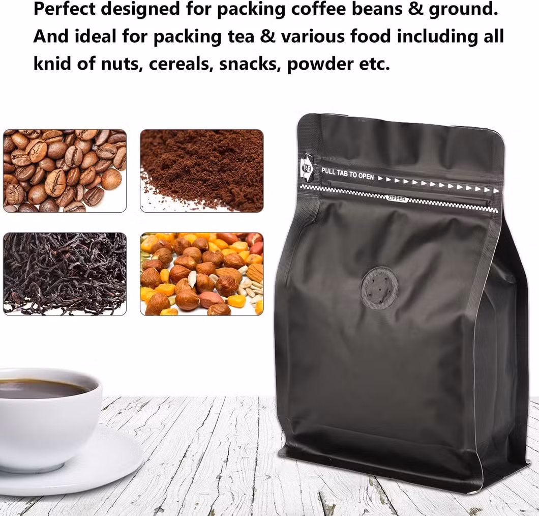 Food Grade Waterproof Sealable Resealable 100g 200g 500g 1kg Stand up Pouch Flat Bottom Oneway Valve Aluminium Coffee Bag