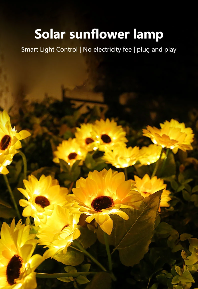 LED Solar Rechargeable Waterproof Triple Sunflower Floor Lamp Outdoor Decoration Holiday Lighting Christmas Gift Garden Light