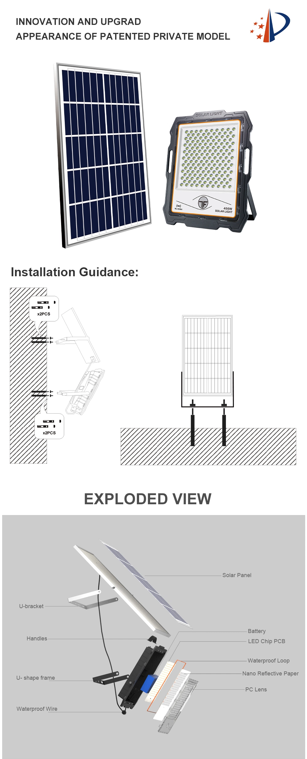 200W 300W Outdoor High Lumen LED Solar Flood Light for Garden Pathway Mj-D902