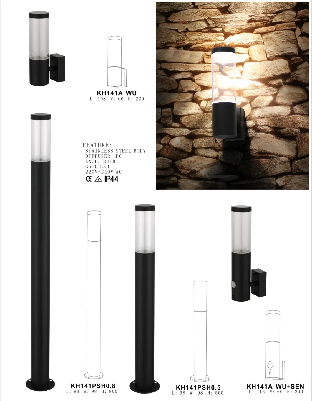 Black Stainless Steel IP44 Pipe Cylinder Round Outdoor E27 15W Warm Lamp Light Garden Landscape