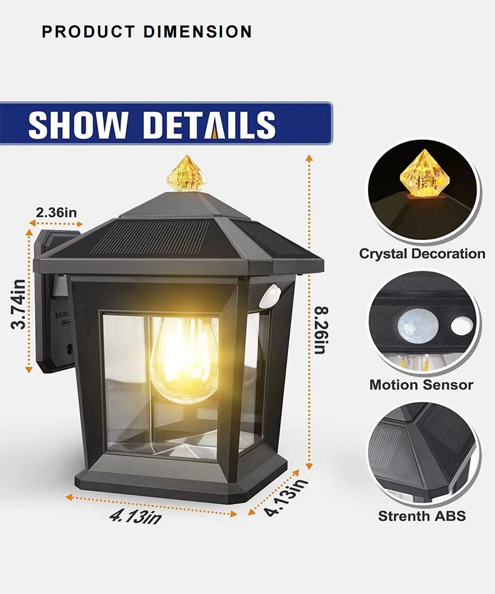 ABS IP65 Waterproof Garden Yard Patio Outdoor Rechargeable Solar Sensor Wall Light