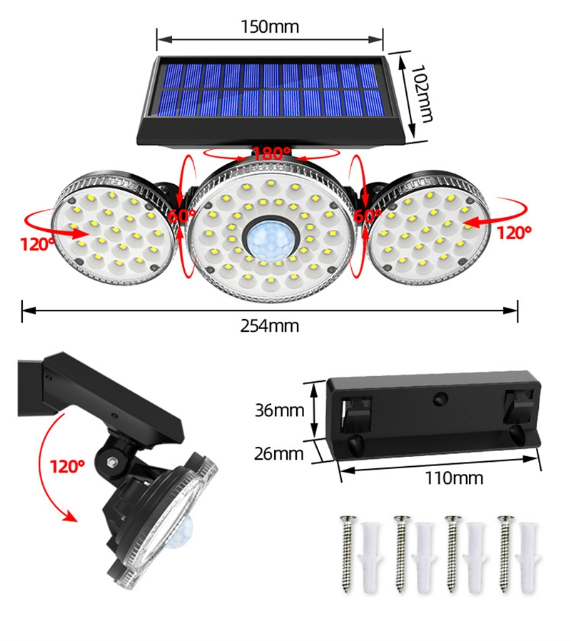 70 LED IP65 Waterproof Security Lights 3 Adjustable Head Solar Motion Solar Lights for Front Door Yard Garage Deck