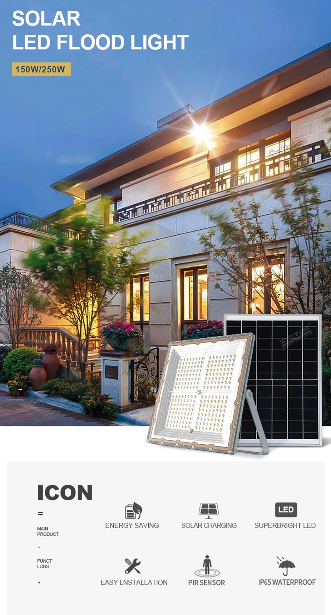 Alltop High Power 250watt Waterproof I65 Garden Stadium Outdoor LED Solar Panel Flood Light