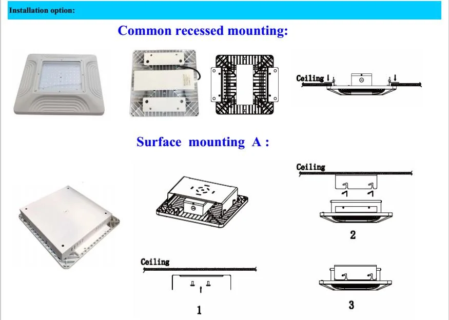 Factory Low Price Ceiling Recessed Mounting 40W 60W 80W 100W 120W 150W 200W 240W Warehouse Parking Garage Explosion-Proof Petrol Gas Station LED Canopy Light