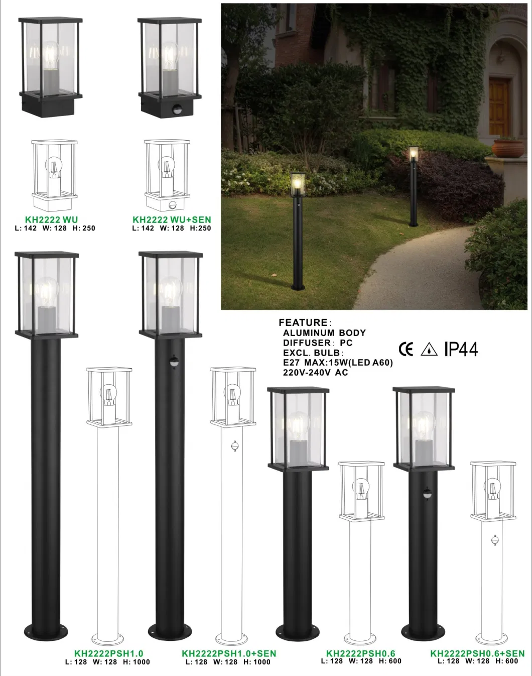 Modern Waterproof Black Aluminum Glass Shade E27 15W Garden Outdoor Outside Lights for Wall