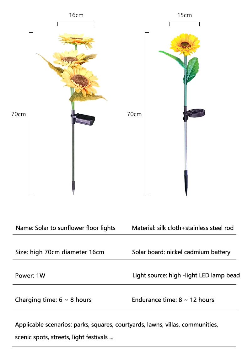 LED Solar Rechargeable Waterproof Triple Sunflower Floor Lamp Outdoor Decoration Holiday Lighting Christmas Gift Garden Light