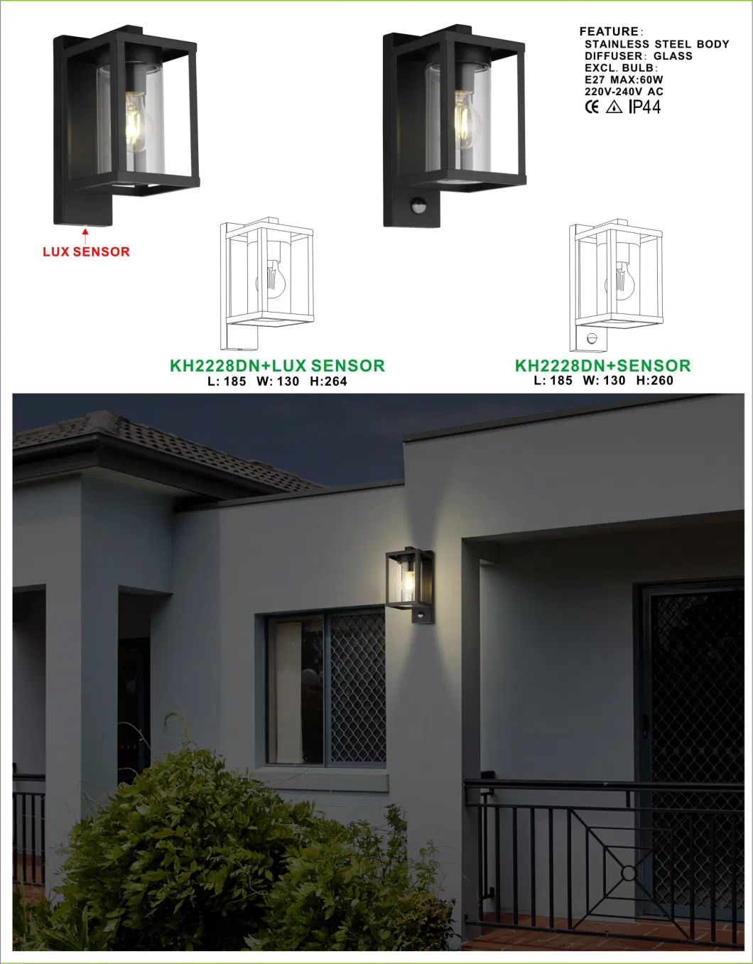 Modern Waterproof Black Aluminum Glass Shade E27 15W Garden Outdoor Outside Lights for Wall