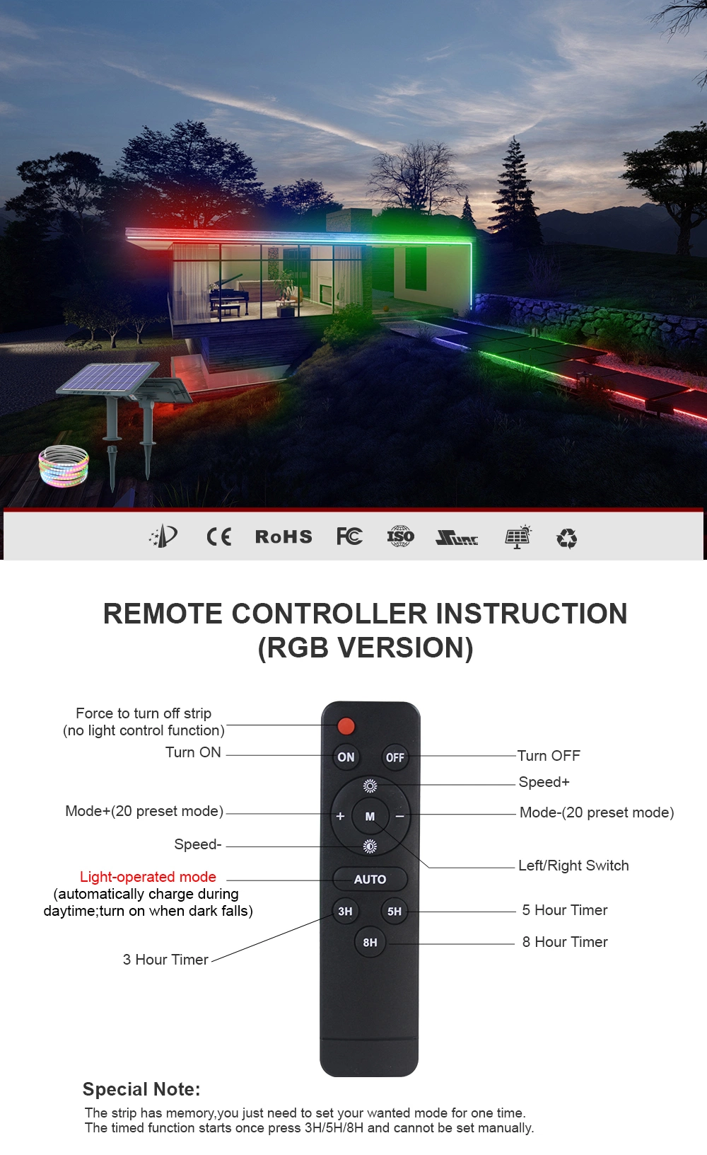 Sunc New Arrival 10m Solar Strip Light 100W with RGB