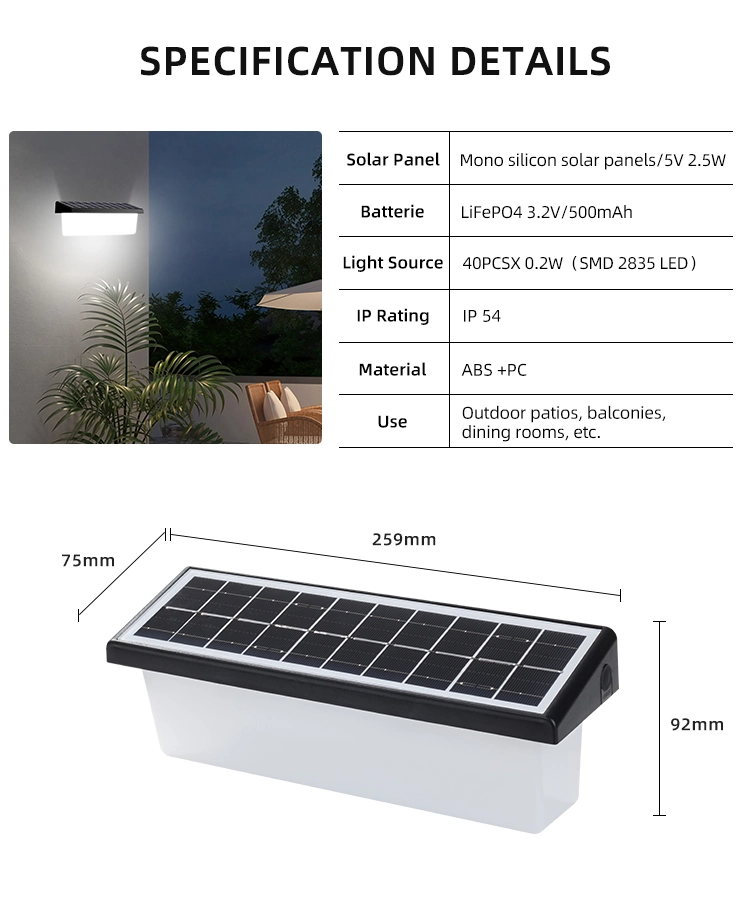 1 Year Warranty Solar Outside Wall Lights ABS+PC Material Solar Garden Lights Outdoor Walllight