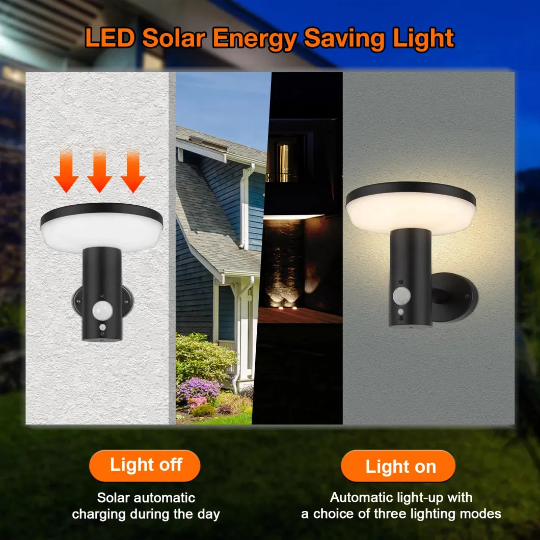 Decorative Stainless Steel IP54 Round Shape 3 Modes Motion Sensor Outdoor LED Solar Wall Light