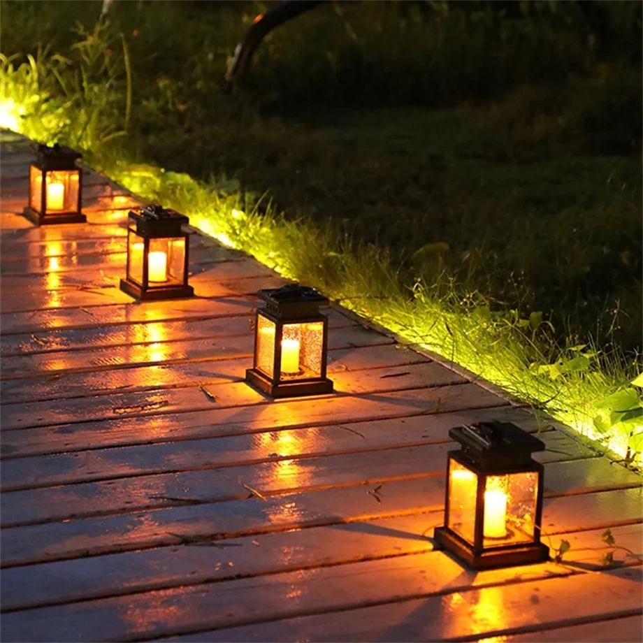 Timjay LED Retro Flickering Hanging Lantern Candle Bright Pathway Decoration Outdoor Waterproof Yard Solar Lamp Garden Light