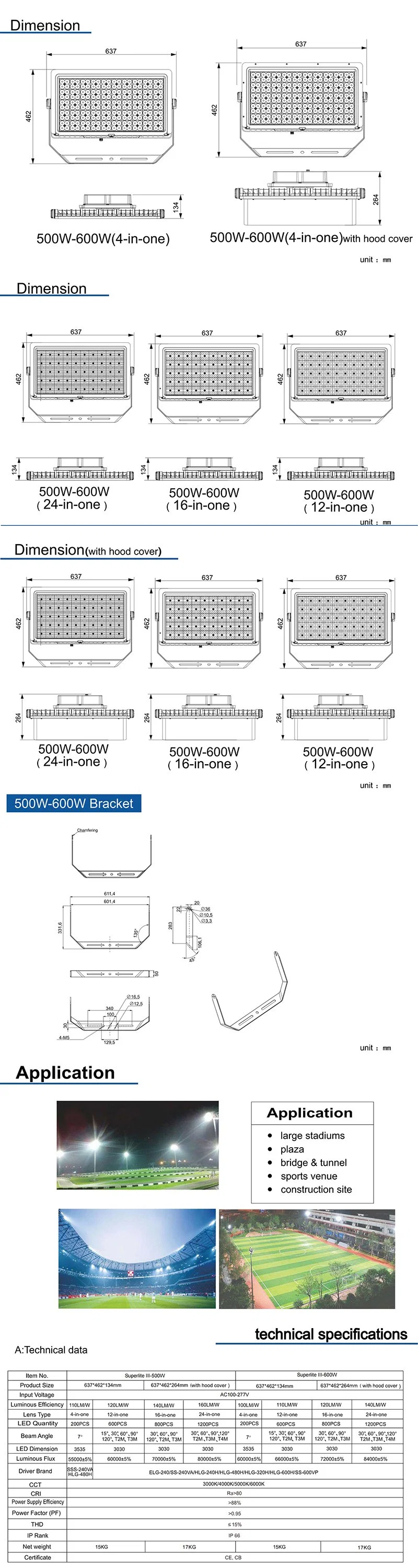 Sport Fields Retractable Super Bright 6500K 500W 600W IP66 5years Warranty LED Stadium Spotlights Extra Bright Outdoor Flood Lights