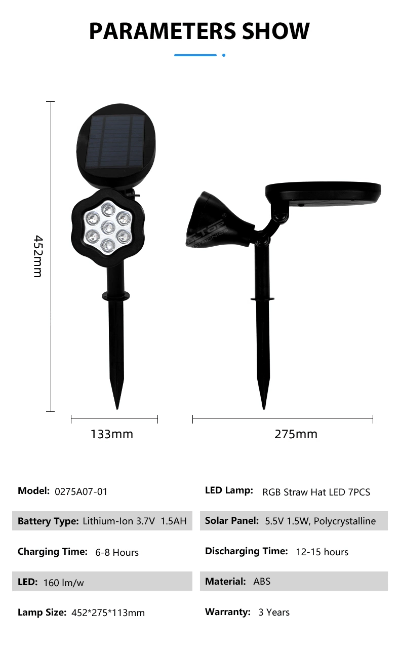 Alltop High Brightness RGB ABS Waterproof IP65 Park Path Way 7W Outdoor LED Solar Garden Light