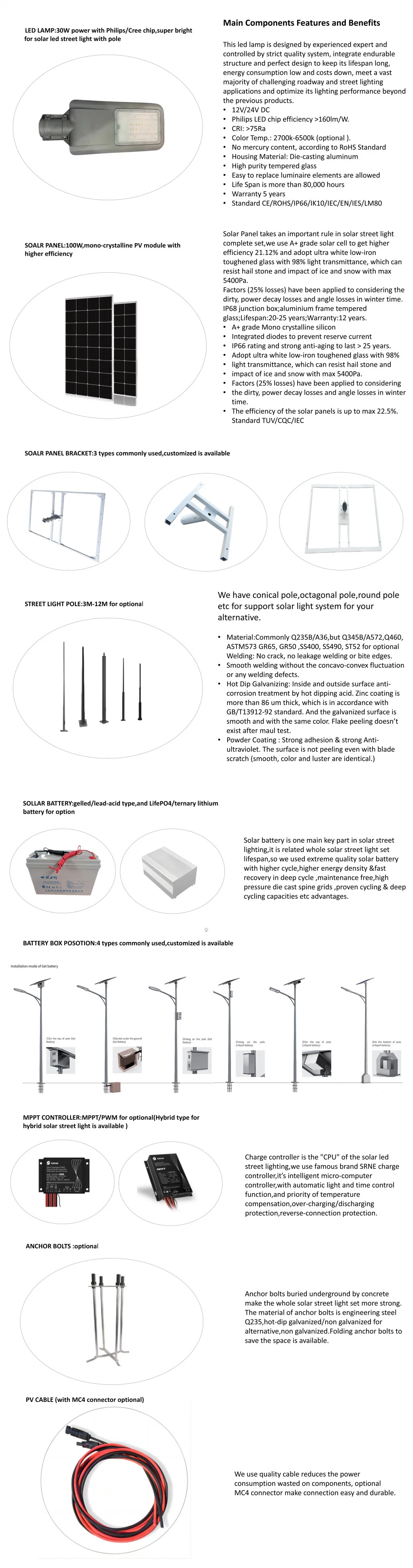 Wholesale OEM 60W 80W 100W Solar Street Light with Hot DIP Galvanized Pole Outdoor Lighting