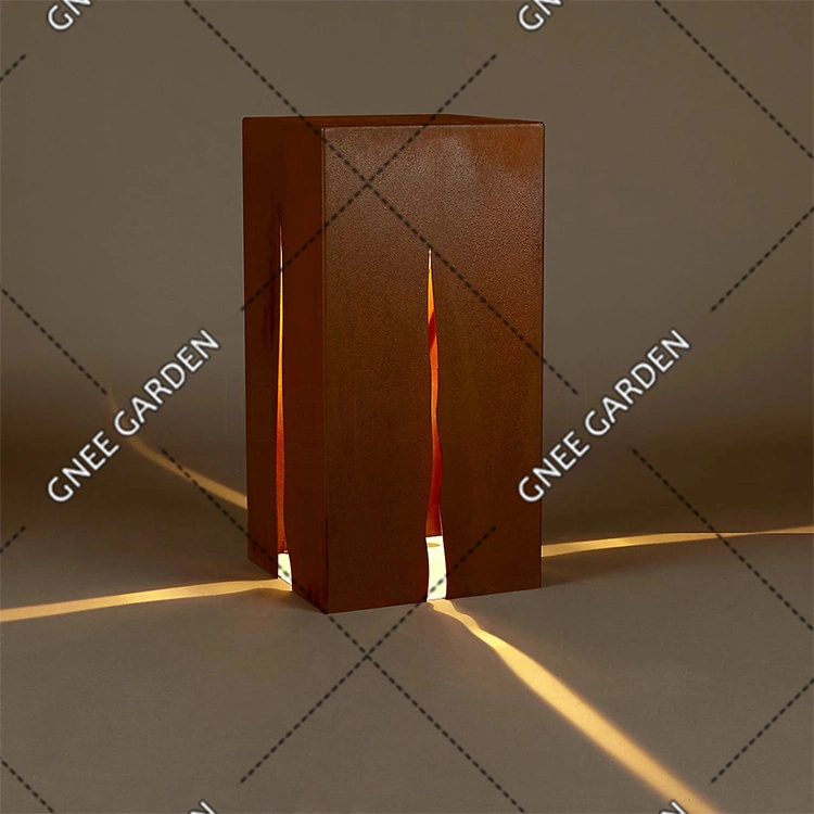 Square Corten Metal Home Garden Lamp Box with LED Light