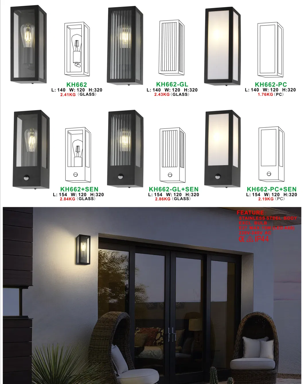 Hot Sell Black Stainless Steel Mounted Lantern E27 15W Glass Shade Motion Sensor Outdoor Wall Light