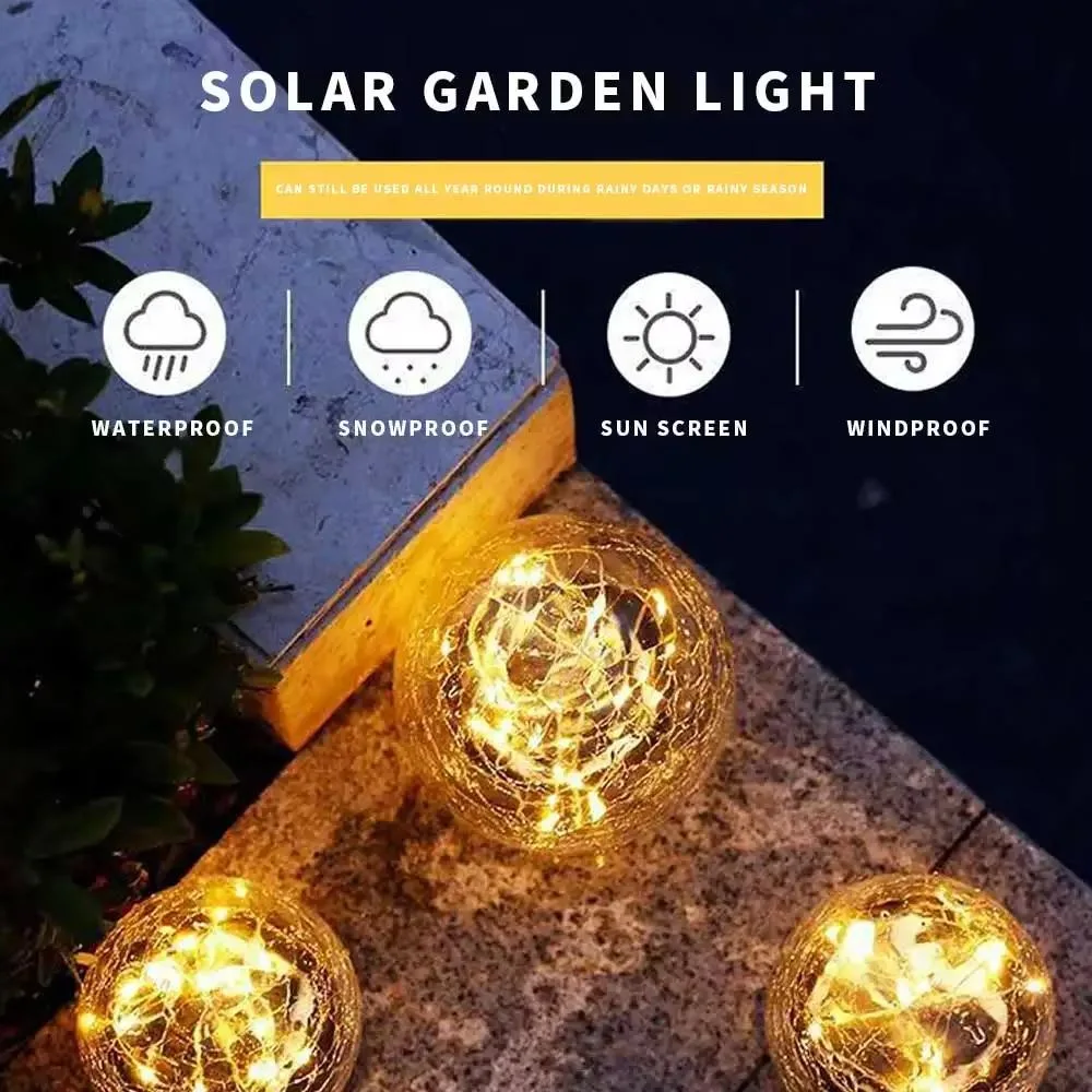 Pathway Ornamental 20LED Copper String Solar Patio Crack Lights Outdoor 12cm Cracked Glass Ball LED Solar Light for Garden