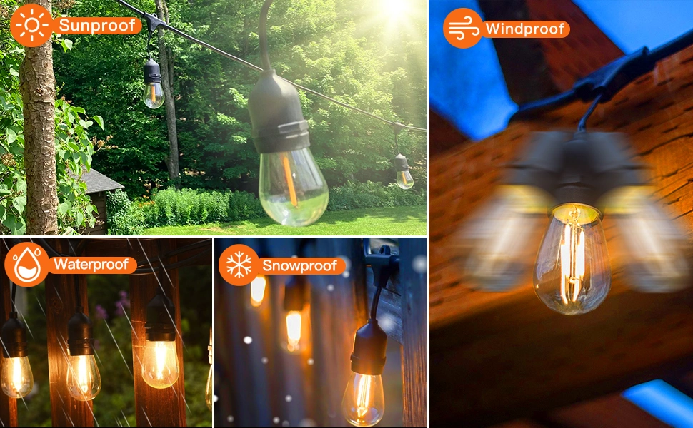 Shatterproof Edison S14 Outdoor Patio String Light Bulbs Waterproof IP65 Connectable Dimmable Patio Lights for Grade Camping