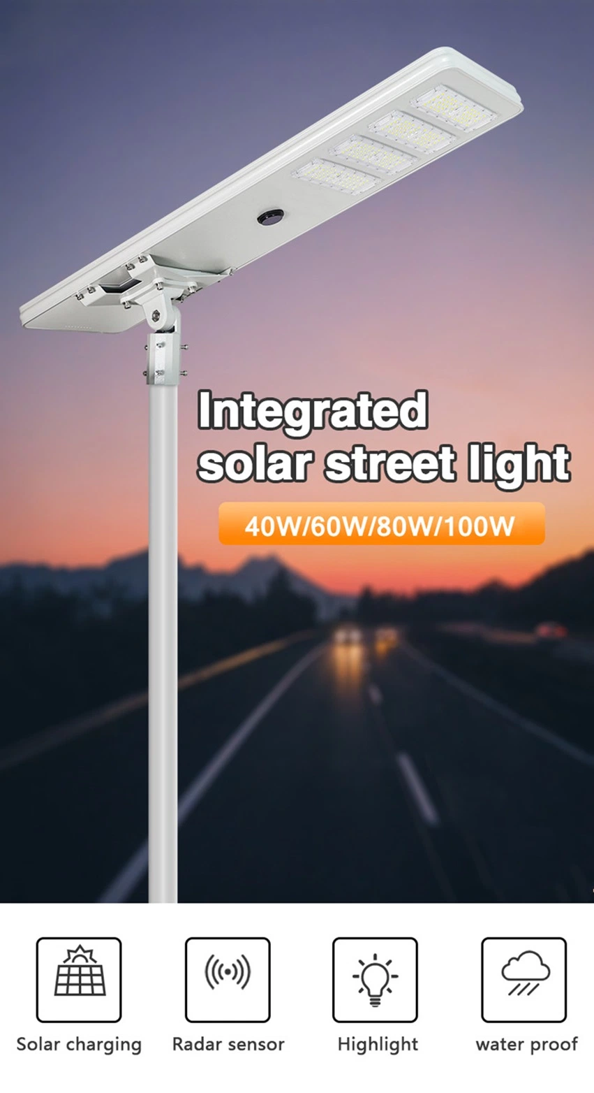 High Lumen 200lm/W Solar Panel and Battery Powered Integrated All in One LED Solar Street Light 40W 60W 80W 100W for Road Expressway Garden Light