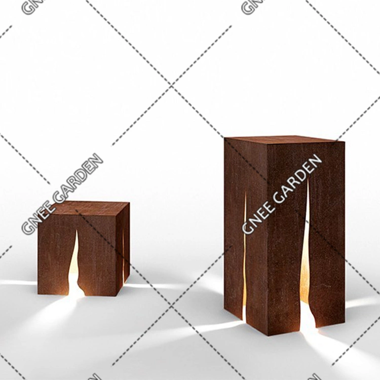 Square Corten Metal Home Garden Lamp Box with LED Light