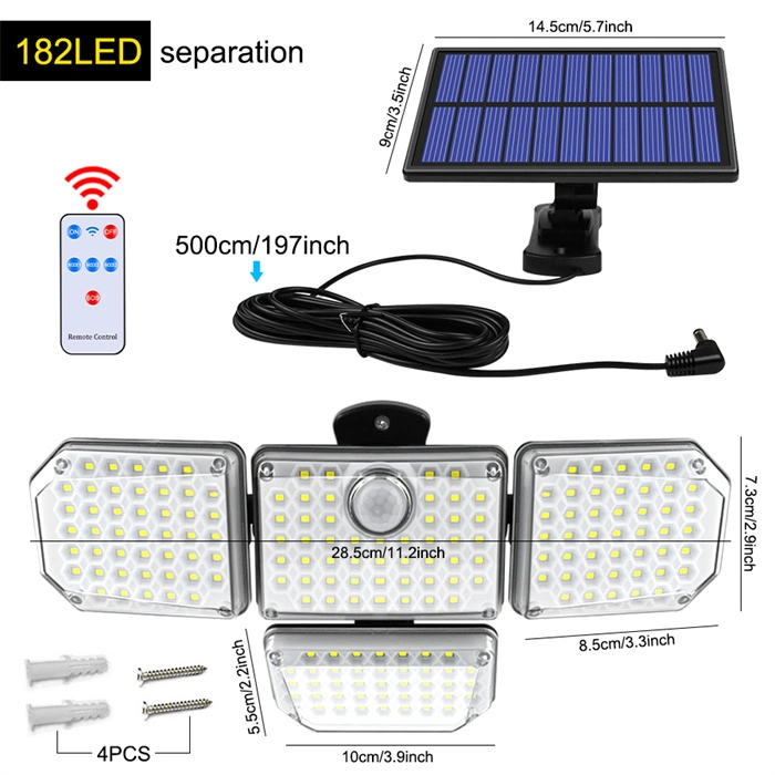 LED Solar Lights Outdoor 182LED 4 Heads Adjustable Motion Sensor Light Solar Waterproof Wall Lamp for Garage Yard Patio Garden