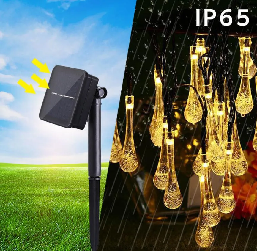 LED Water Drop Solar Powered String Lights for Indoor Outdoor Patio Lawn Water Proof Bulb Christmas Xmas Holiday Festivals Decoration Lamp