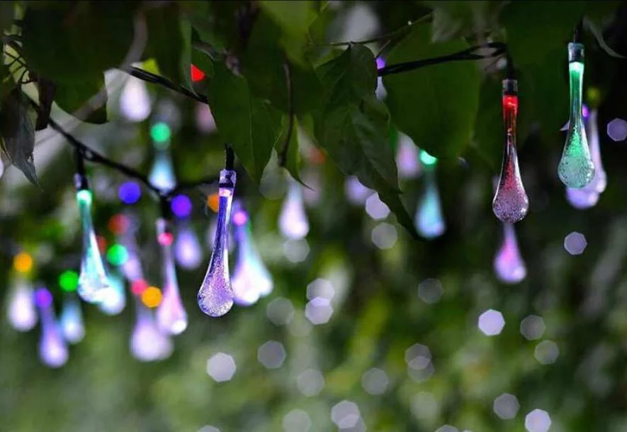 LED Water Drop Solar Powered String Lights for Indoor Outdoor Patio Lawn Water Proof Bulb Christmas Xmas Holiday Festivals Decoration Lamp