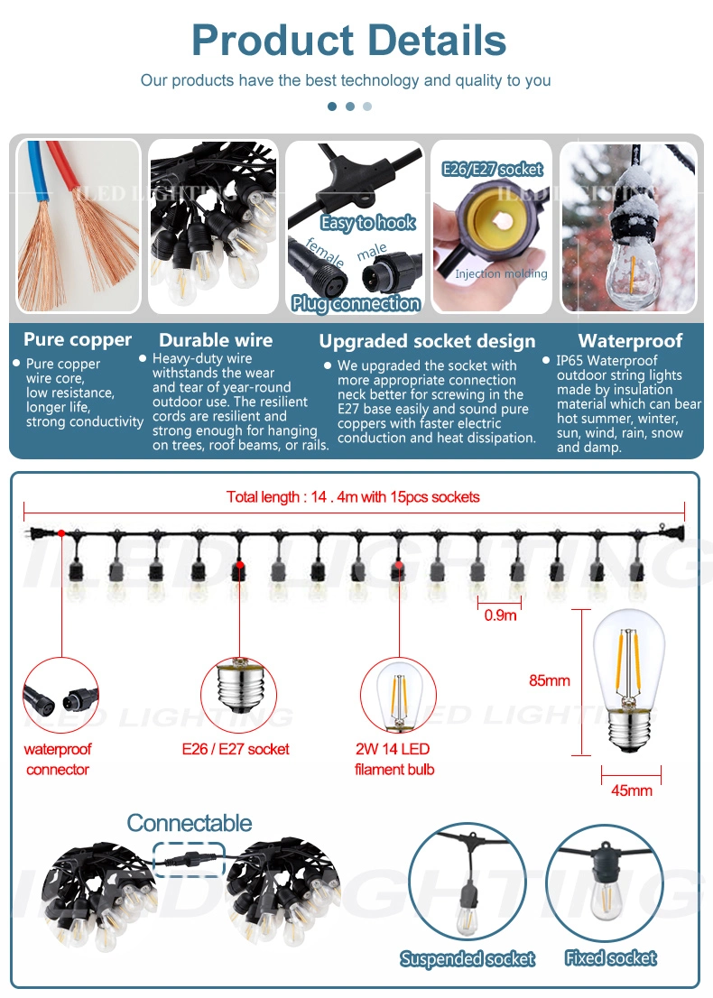 Popular Convenient Connection Good Quality LED Festoon Lighting Vintage Patio Globe 48FT Outdoor String Light with 24 X E26