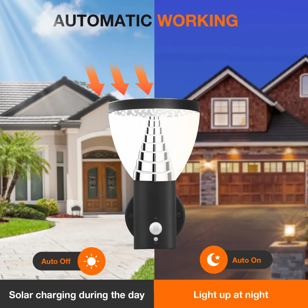 Black Stainless Steel Pyramid Waterproof Exterior Garden Solar LED Wall Light Outdoor PIR Sensor