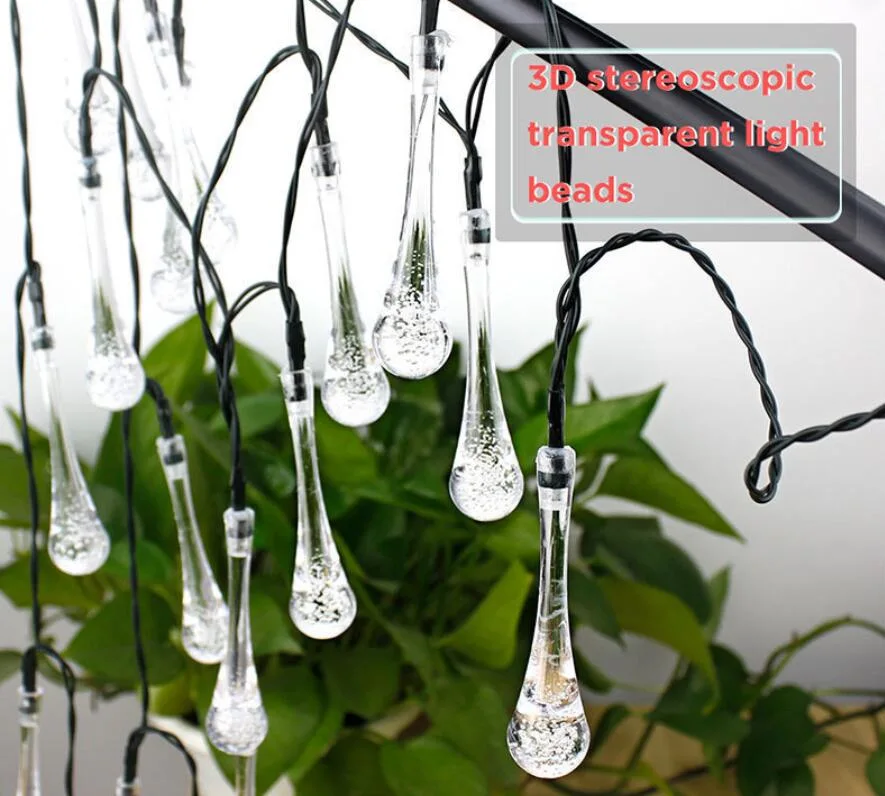 LED Water Drop Solar Powered String Lights for Indoor Outdoor Patio Lawn Water Proof Bulb Christmas Xmas Holiday Festivals Decoration Lamp