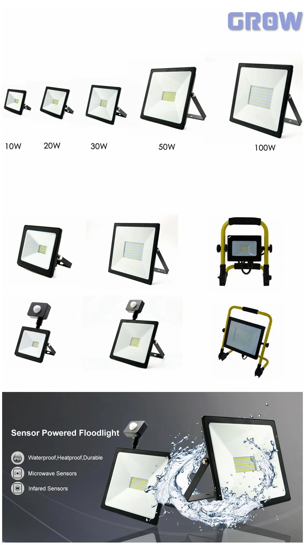 10W LED Flood Light Outdoor Bright 800lm 3000-6000K IP44 Energy Saving Waterproof Sensor Powered Floodlight for Backyard, Garage, Garden, Lawn