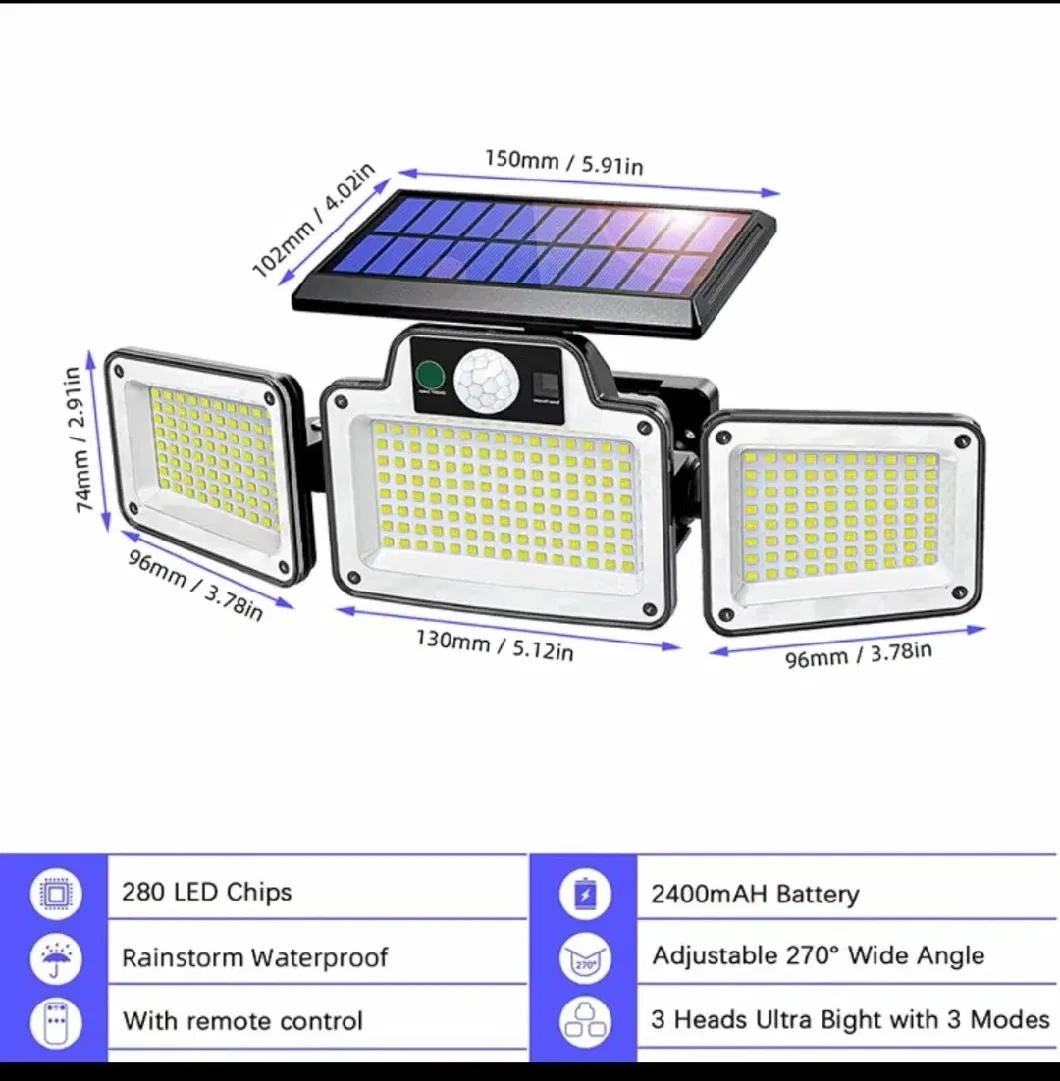 2024 Hot Solar Garden Lights Three-Head Rotating Human Sensor LED Light Outdoor Patio Garage Solar Lights